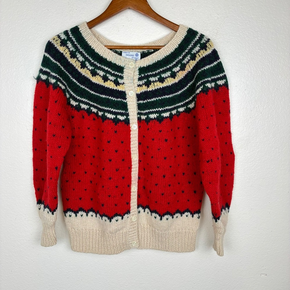 Vtg Deans of Scotland Cardigan M %100 Wool Fair Isle Scandi Nordic Cottage Cozy